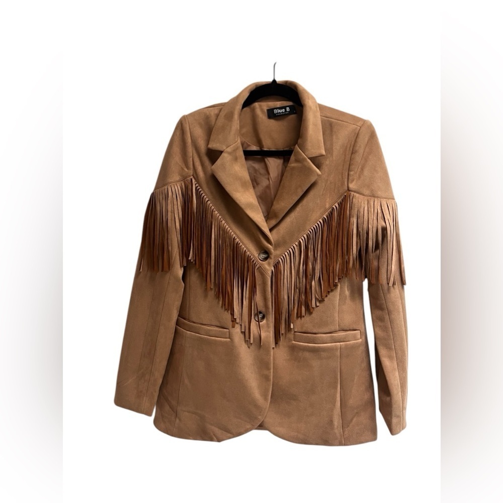 BLUE B Women’s Camel Fringe Studded Long Sleeve Blazer Jacket - Size small - Picture 1 of 8